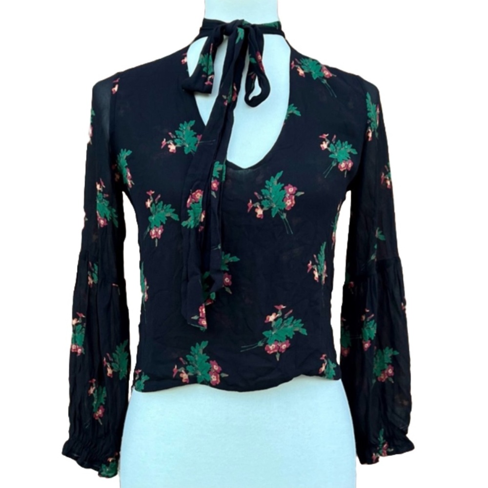 Zara Black Floral Silk Top with Tie,  Deep Neckline and Ruffle Cuffs Size S